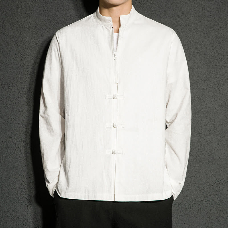 Plain Zipper Chinese Frog-Button Cotton Long Sleeve Men's Shirt