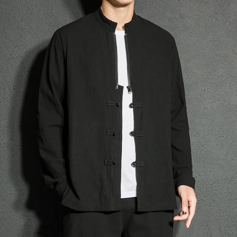 Plain Zipper Chinese Frog-Button Cotton Long Sleeve Men's Shirt