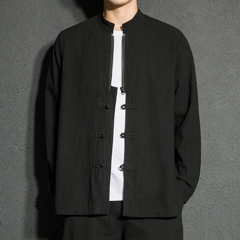Plain Zipper Chinese Frog-Button Cotton Long Sleeve Men's Shirt