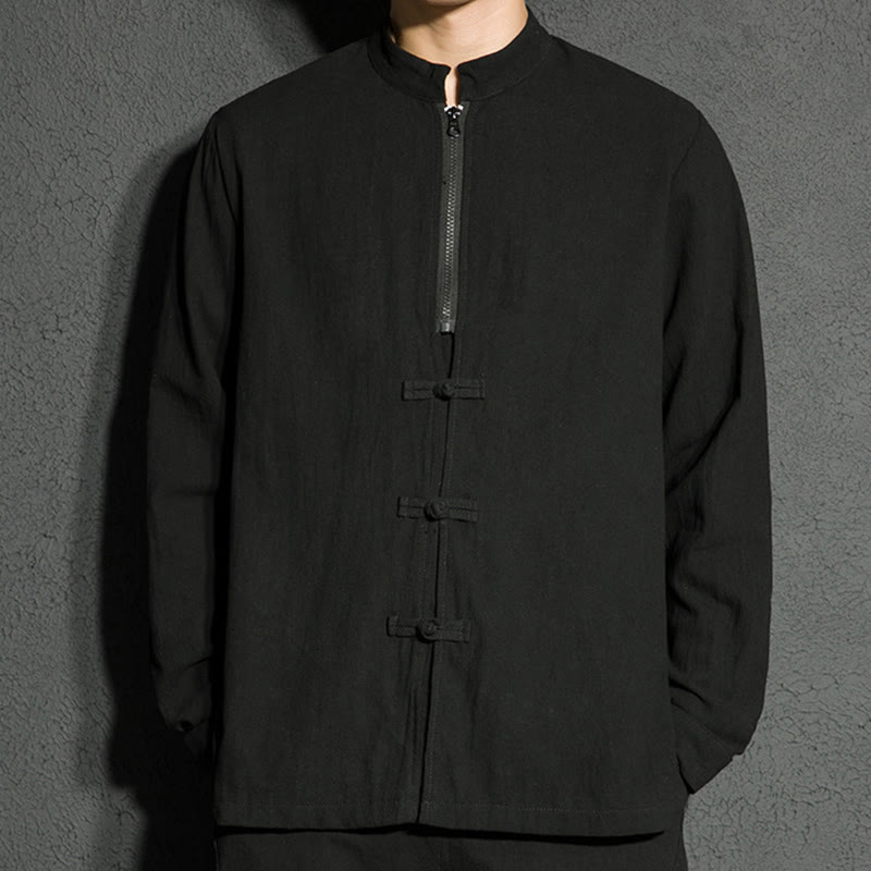 Plain Zipper Chinese Frog-Button Cotton Long Sleeve Men's Shirt