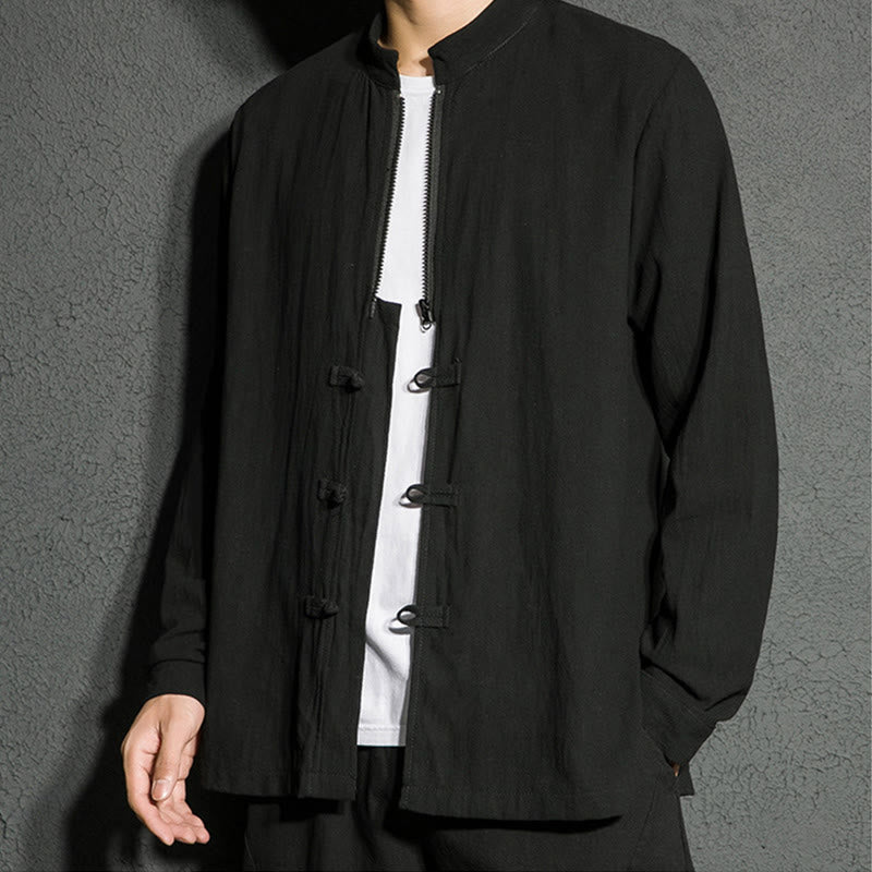 Plain Zipper Chinese Frog-Button Cotton Long Sleeve Men's Shirt