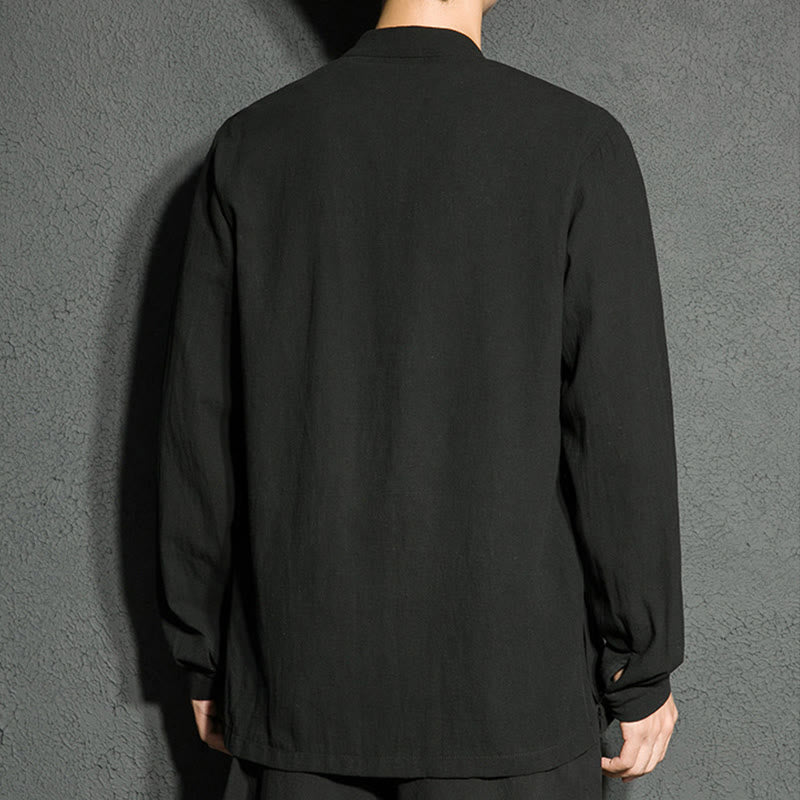 Plain Zipper Chinese Frog-Button Cotton Long Sleeve Men's Shirt
