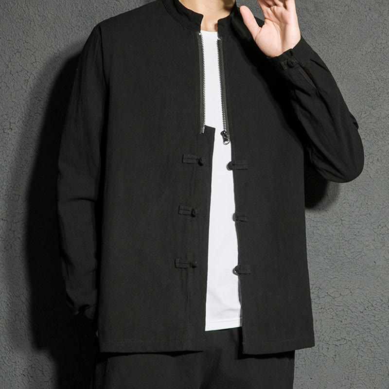 Plain Zipper Chinese Frog-Button Cotton Long Sleeve Men's Shirt
