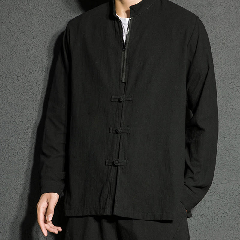 Plain Zipper Chinese Frog-Button Cotton Long Sleeve Men's Shirt