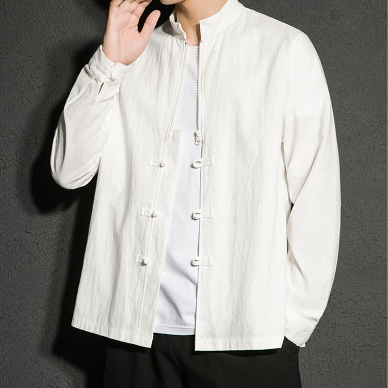 Plain Zipper Chinese Frog-Button Cotton Long Sleeve Men's Shirt