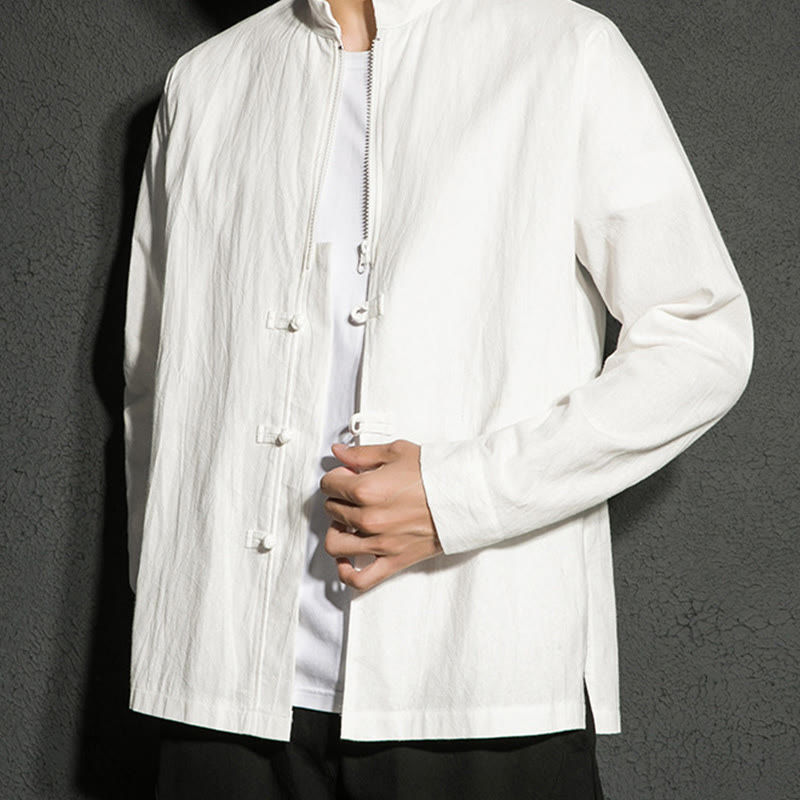 Plain Zipper Chinese Frog-Button Cotton Long Sleeve Men's Shirt