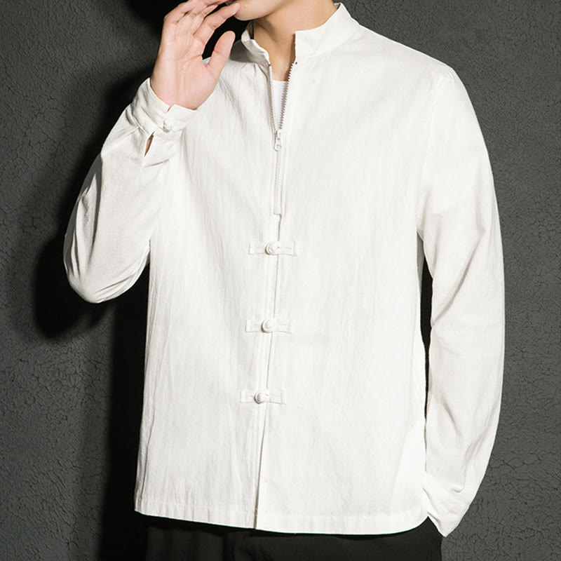 Plain Zipper Chinese Frog-Button Cotton Long Sleeve Men's Shirt