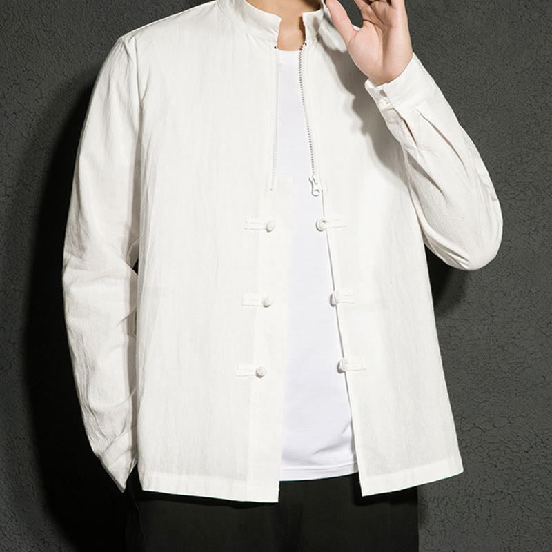 Plain Zipper Chinese Frog-Button Cotton Long Sleeve Men's Shirt