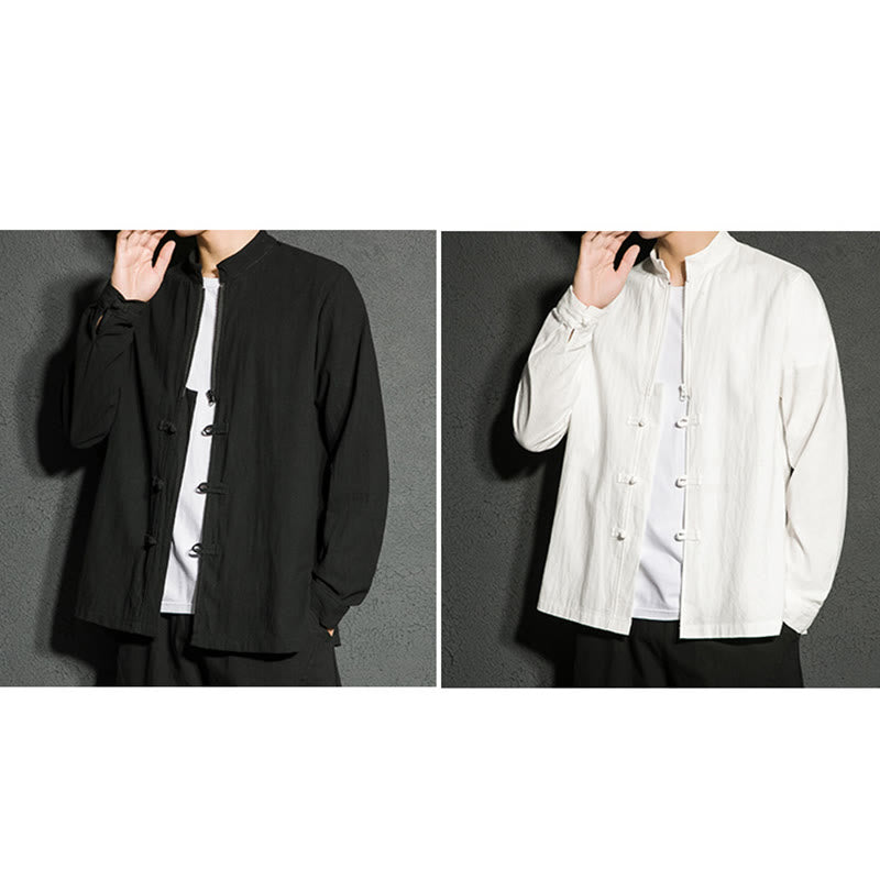 Plain Zipper Chinese Frog-Button Cotton Long Sleeve Men's Shirt