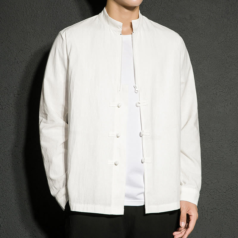 Plain Zipper Chinese Frog-Button Cotton Long Sleeve Men's Shirt