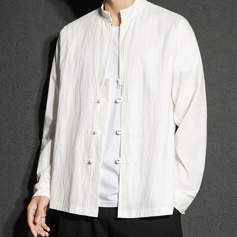 Plain Zipper Chinese Frog-Button Cotton Long Sleeve Men's Shirt