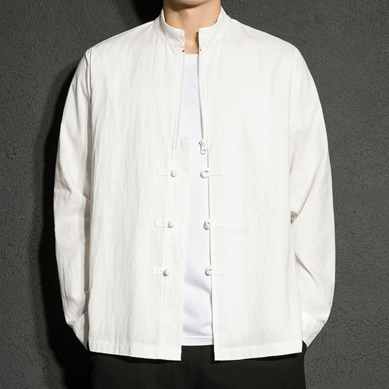 Plain Zipper Chinese Frog-Button Cotton Long Sleeve Men's Shirt