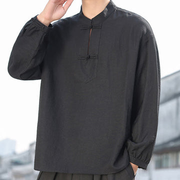 Two Frog-Button Stand Collar Long Sleeve Men's Cotton Shirt