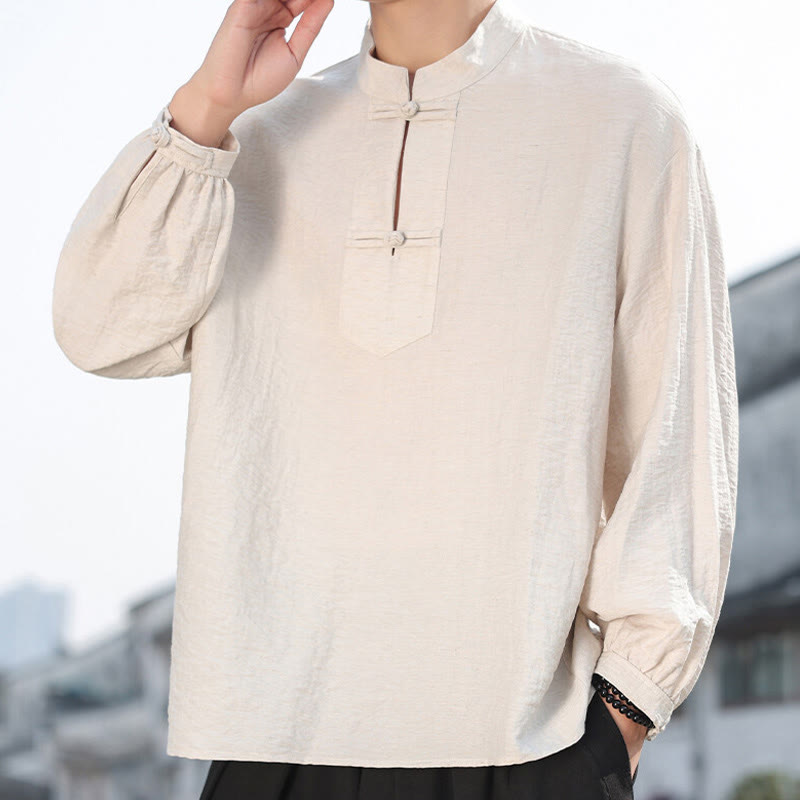 Two Frog-Button Stand Collar Long Sleeve Men's Cotton Shirt