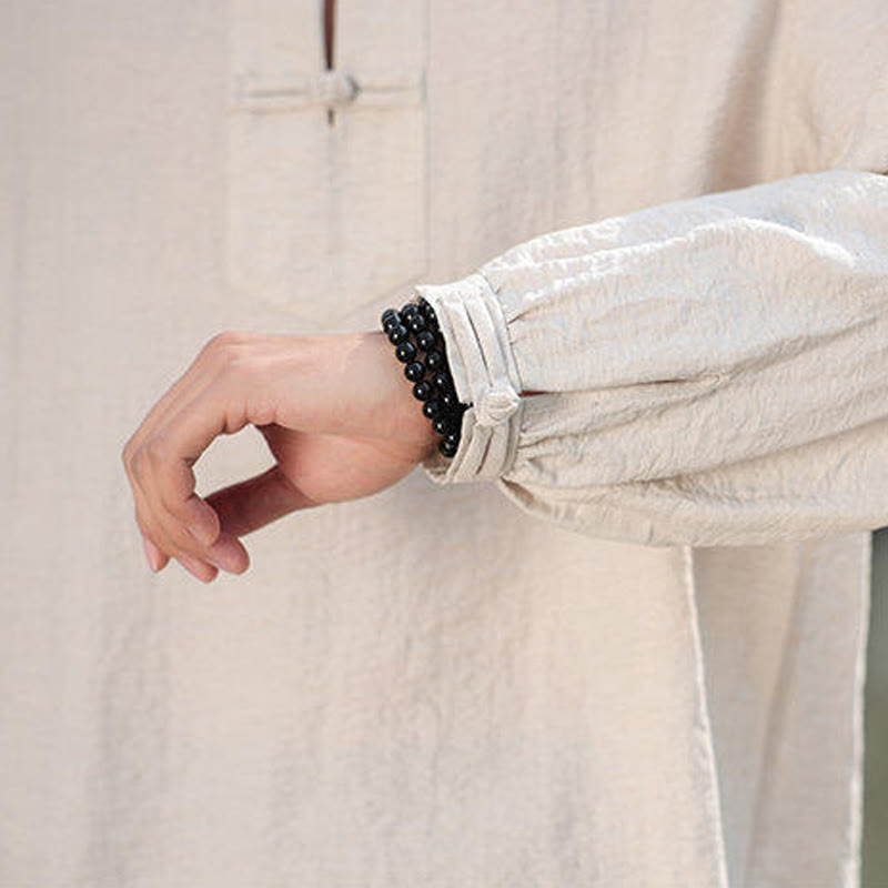 Two Frog-Button Stand Collar Long Sleeve Men's Cotton Shirt