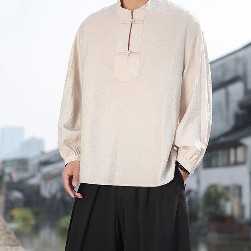 Two Frog-Button Stand Collar Long Sleeve Men's Cotton Shirt