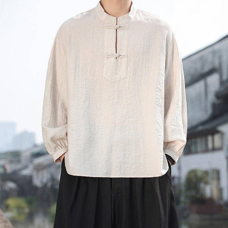 Two Frog-Button Stand Collar Long Sleeve Men's Cotton Shirt