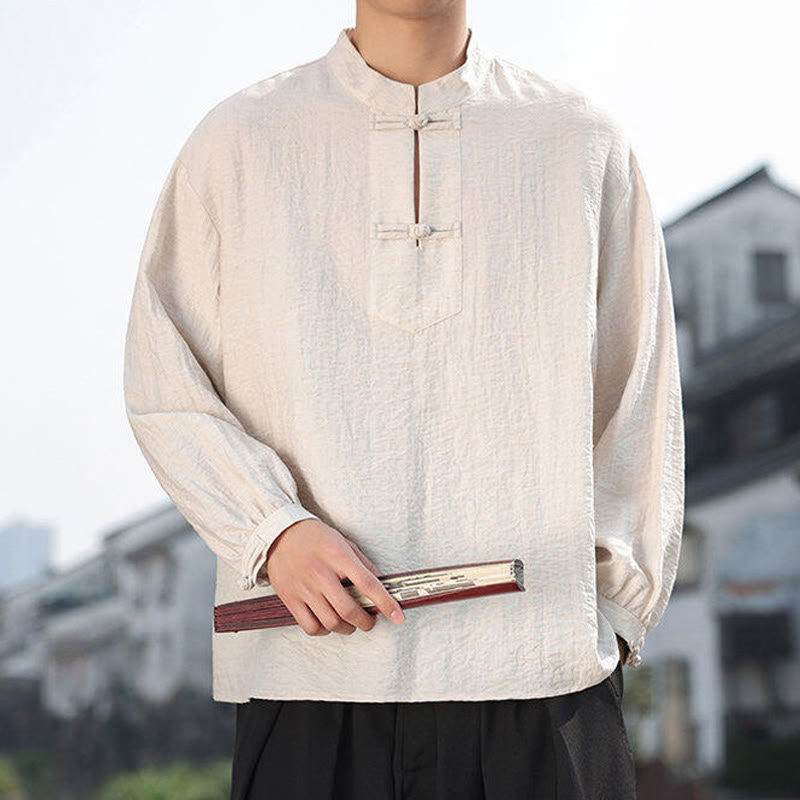 Two Frog-Button Stand Collar Long Sleeve Men's Cotton Shirt