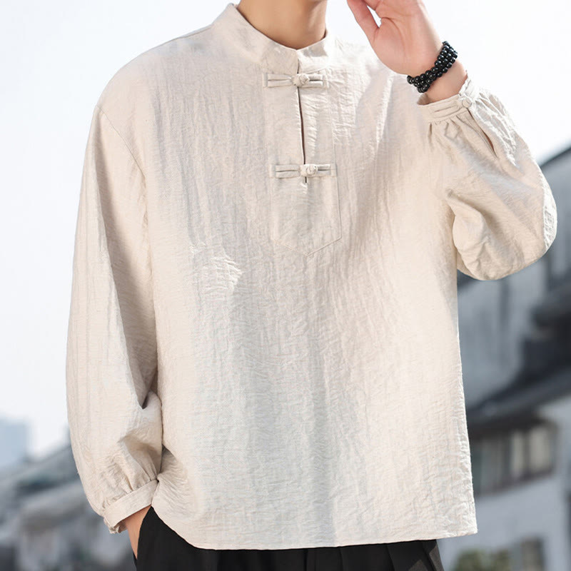 Two Frog-Button Stand Collar Long Sleeve Men's Cotton Shirt