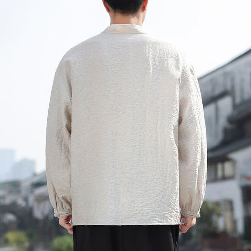 Two Frog-Button Stand Collar Long Sleeve Men's Cotton Shirt