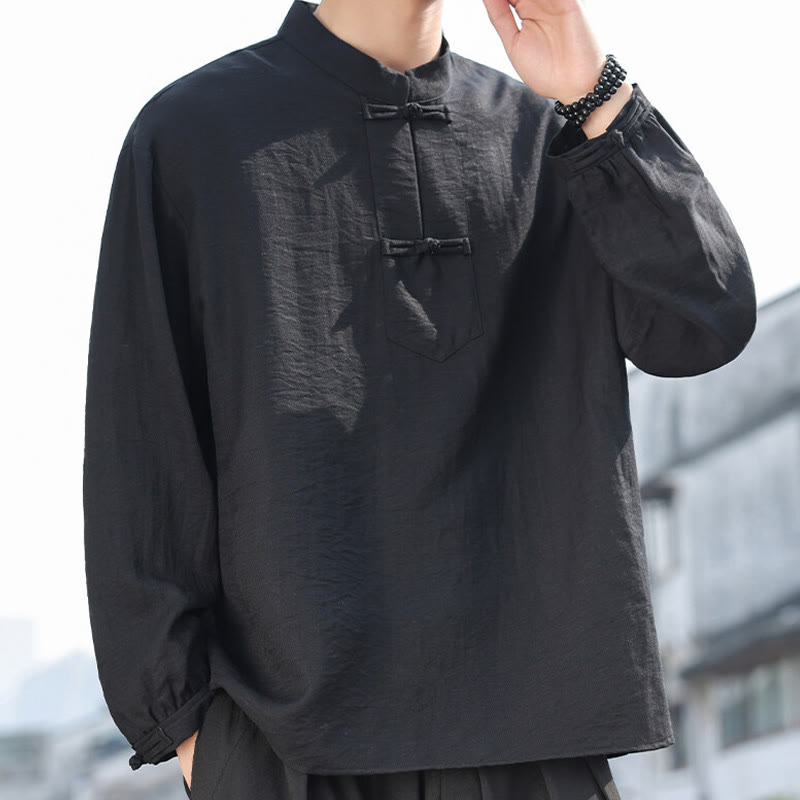 Two Frog-Button Stand Collar Long Sleeve Men's Cotton Shirt
