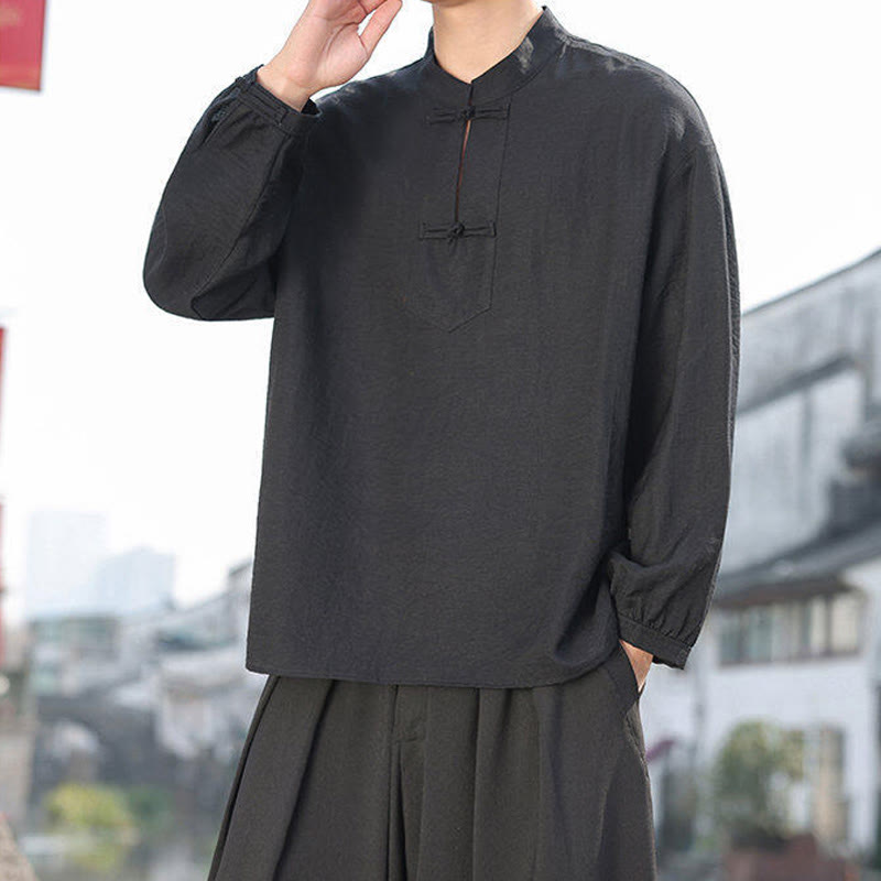 Two Frog-Button Stand Collar Long Sleeve Men's Cotton Shirt