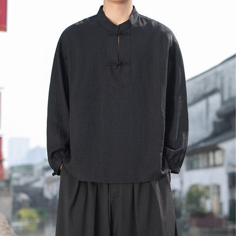 Two Frog-Button Stand Collar Long Sleeve Men's Cotton Shirt