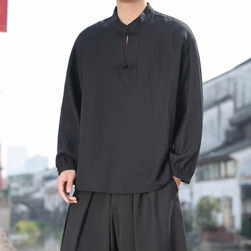 Two Frog-Button Stand Collar Long Sleeve Men's Cotton Shirt