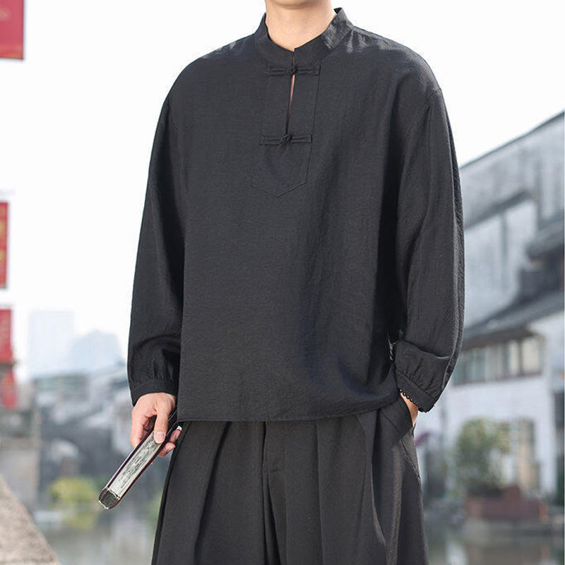 Two Frog-Button Stand Collar Long Sleeve Men's Cotton Shirt