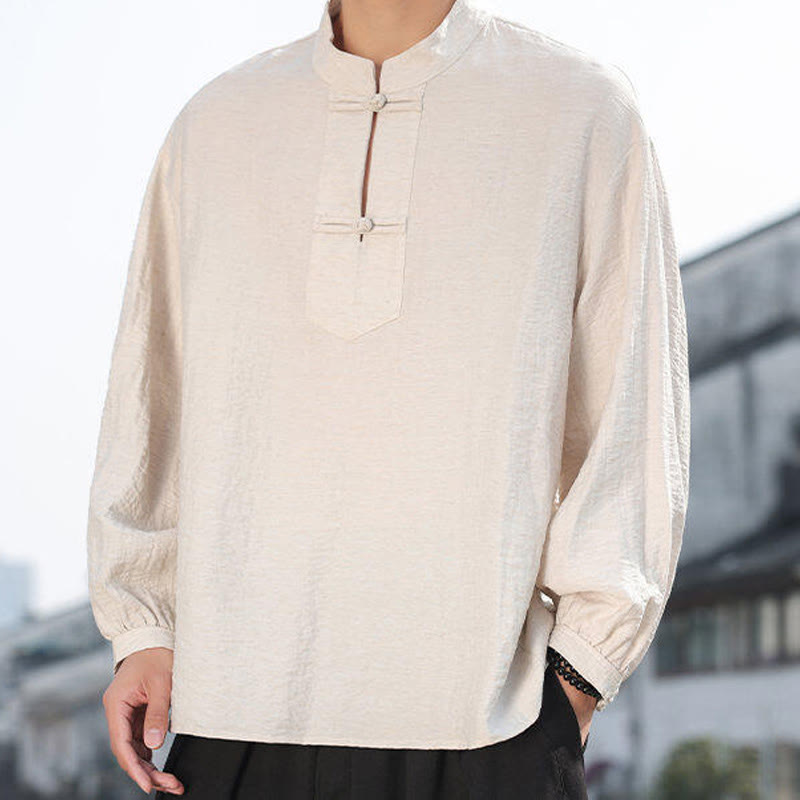 Two Frog-Button Stand Collar Long Sleeve Men's Cotton Shirt