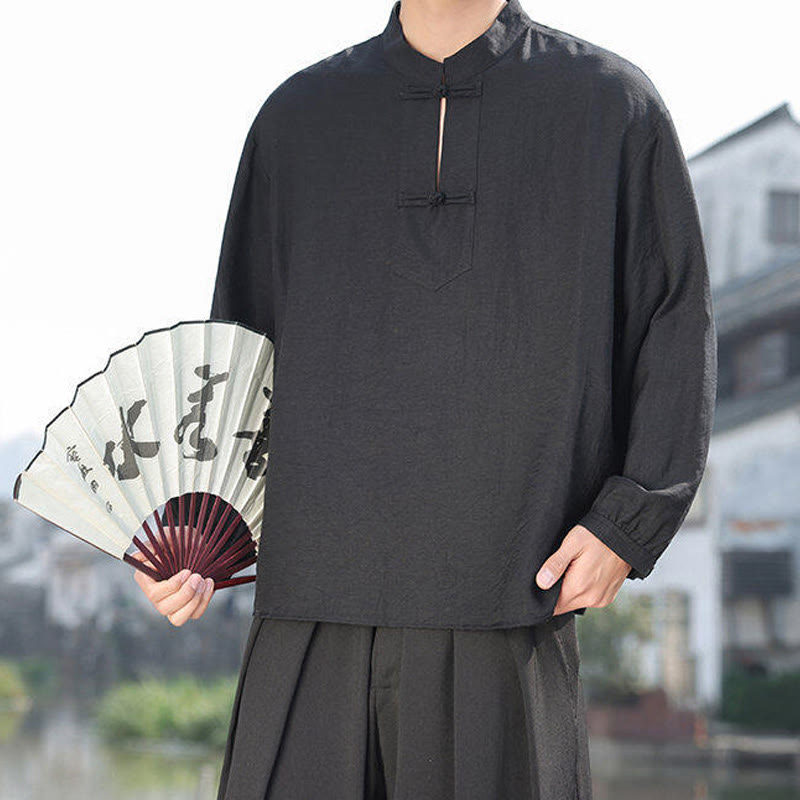 Two Frog-Button Stand Collar Long Sleeve Men's Cotton Shirt