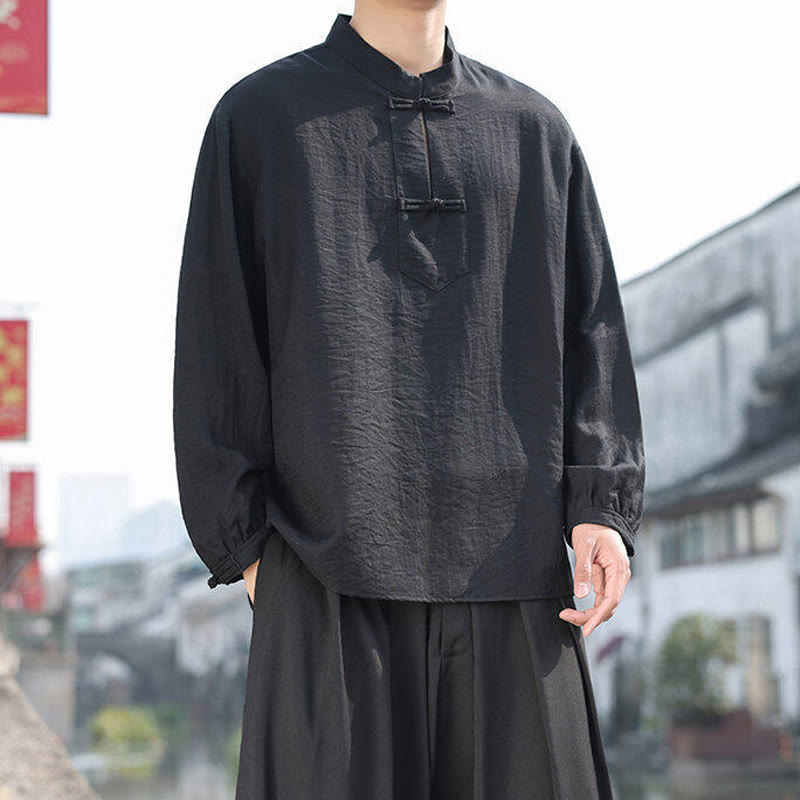 Two Frog-Button Stand Collar Long Sleeve Men's Cotton Shirt