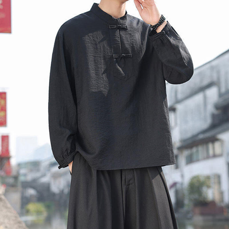 Two Frog-Button Stand Collar Long Sleeve Men's Cotton Shirt