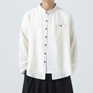 Vintage Plain Buttons Down Stand Collar Long Sleeve Men's Cotton Shirt