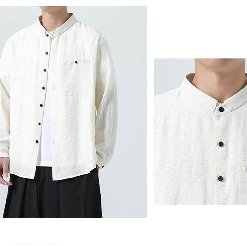 Vintage Plain Buttons Down Stand Collar Long Sleeve Men's Cotton Shirt