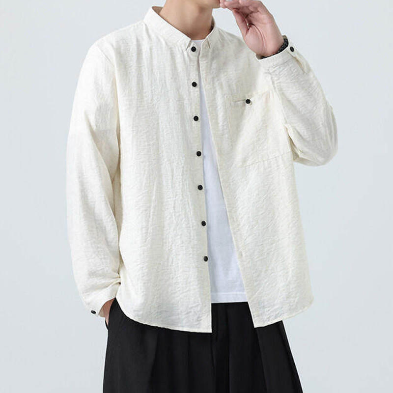 Vintage Plain Buttons Down Stand Collar Long Sleeve Men's Cotton Shirt