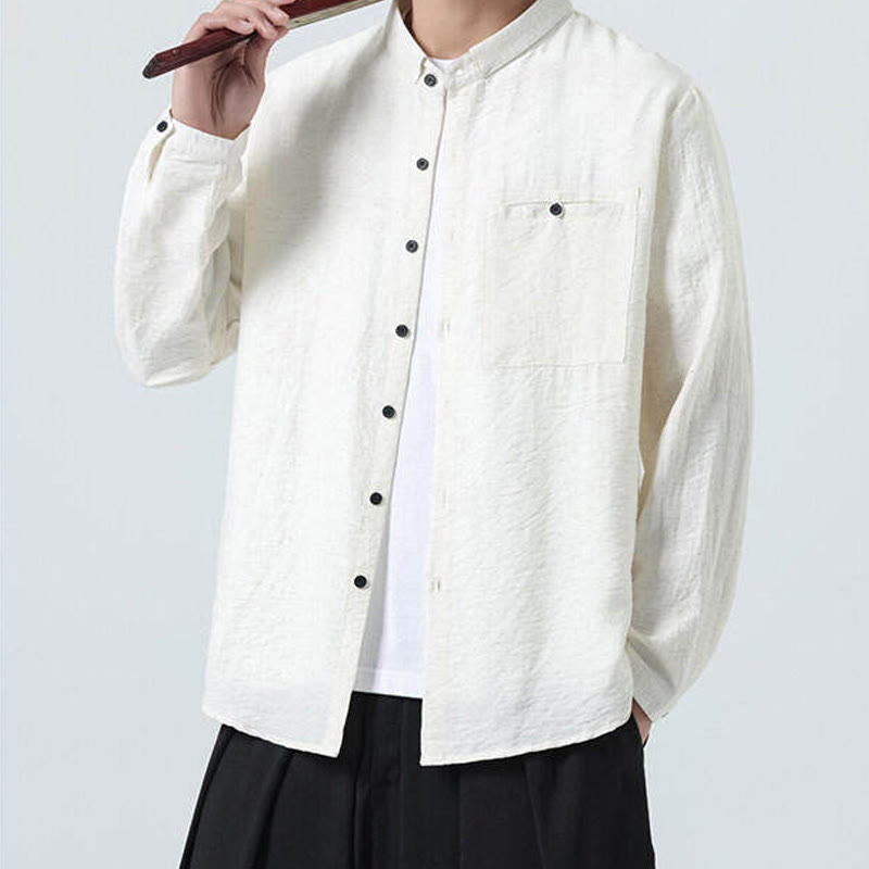 Vintage Plain Buttons Down Stand Collar Long Sleeve Men's Cotton Shirt