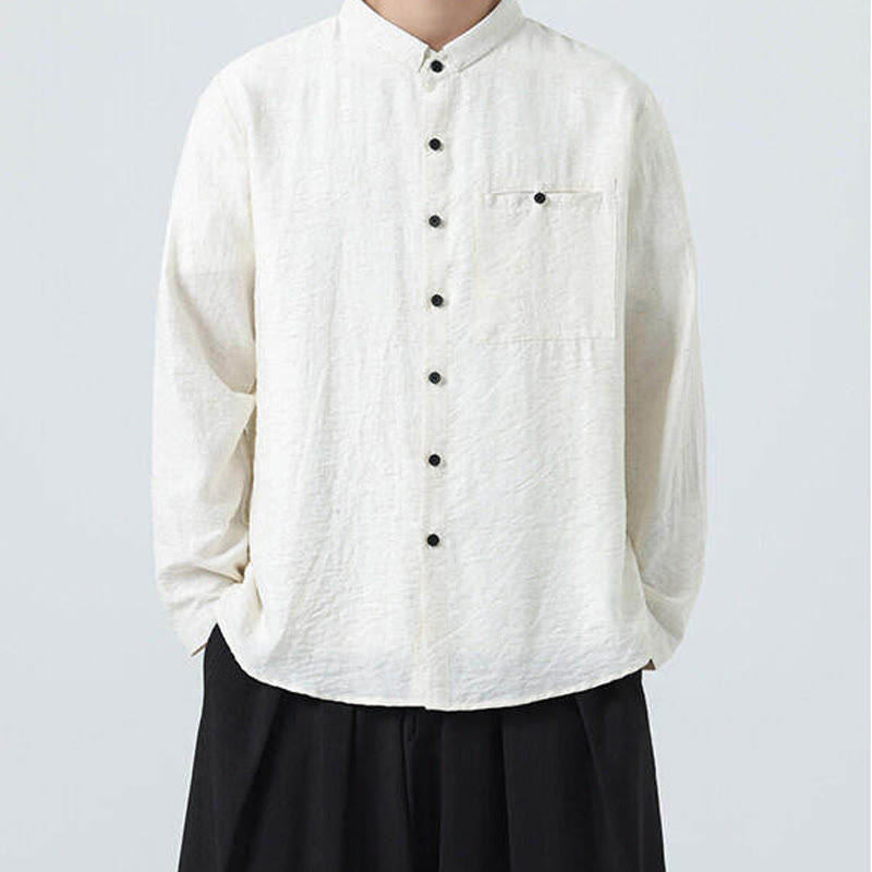 Vintage Plain Buttons Down Stand Collar Long Sleeve Men's Cotton Shirt