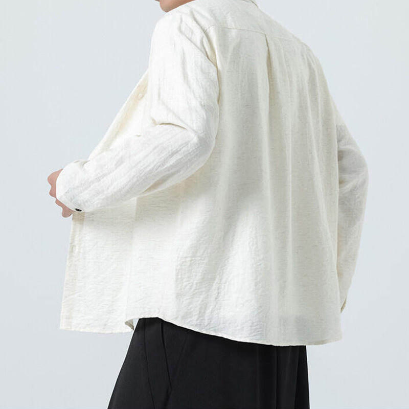 Vintage Plain Buttons Down Stand Collar Long Sleeve Men's Cotton Shirt