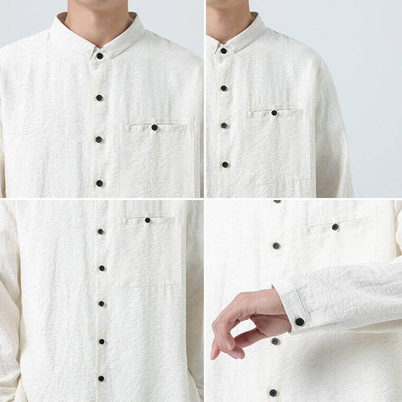 Vintage Plain Buttons Down Stand Collar Long Sleeve Men's Cotton Shirt