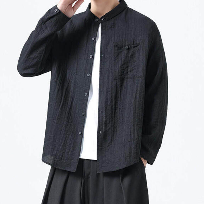 Vintage Plain Buttons Down Stand Collar Long Sleeve Men's Cotton Shirt