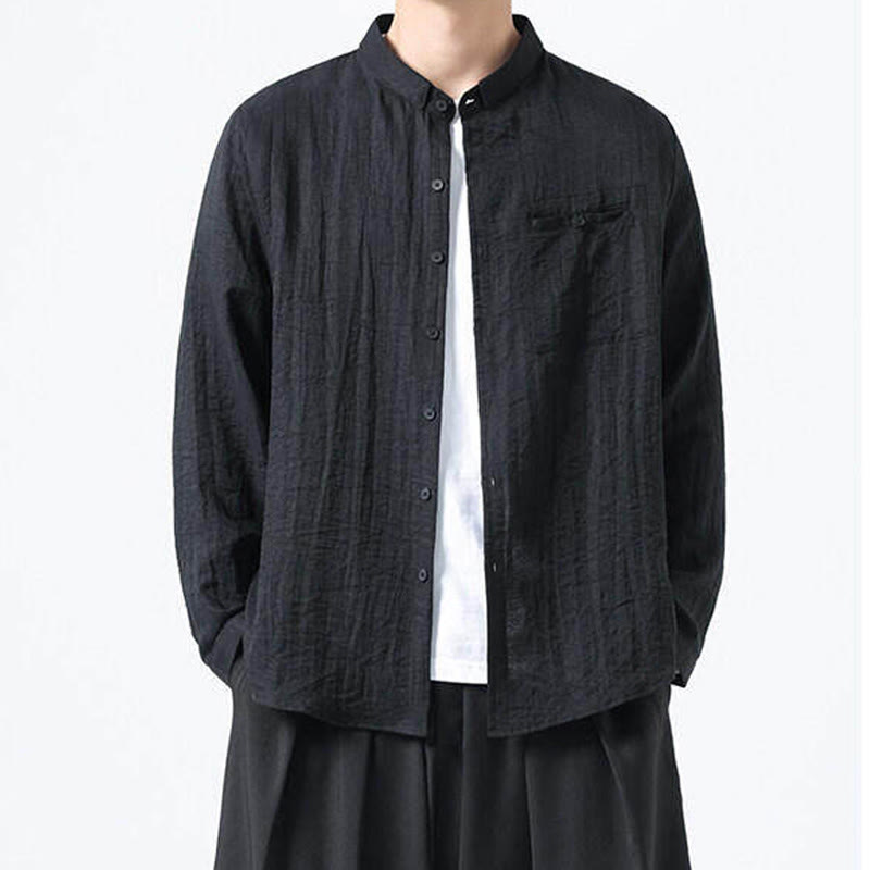 Vintage Plain Buttons Down Stand Collar Long Sleeve Men's Cotton Shirt