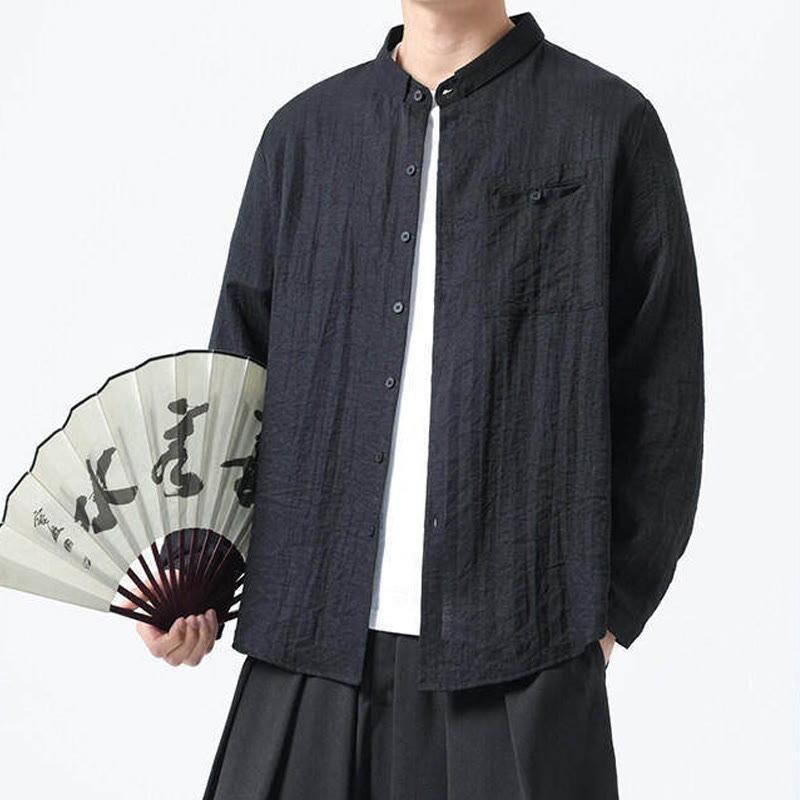 Vintage Plain Buttons Down Stand Collar Long Sleeve Men's Cotton Shirt