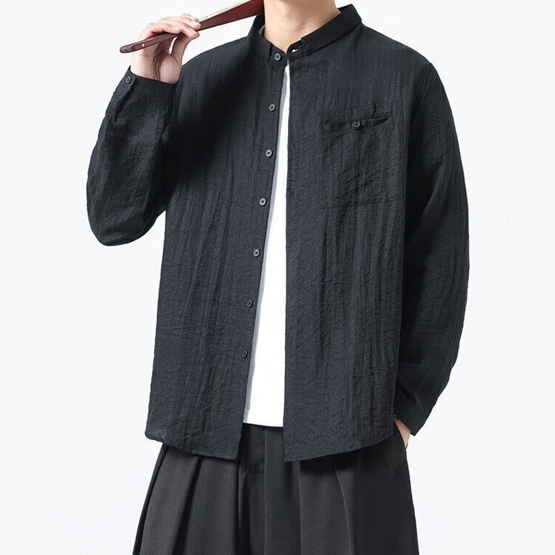 Vintage Plain Buttons Down Stand Collar Long Sleeve Men's Cotton Shirt