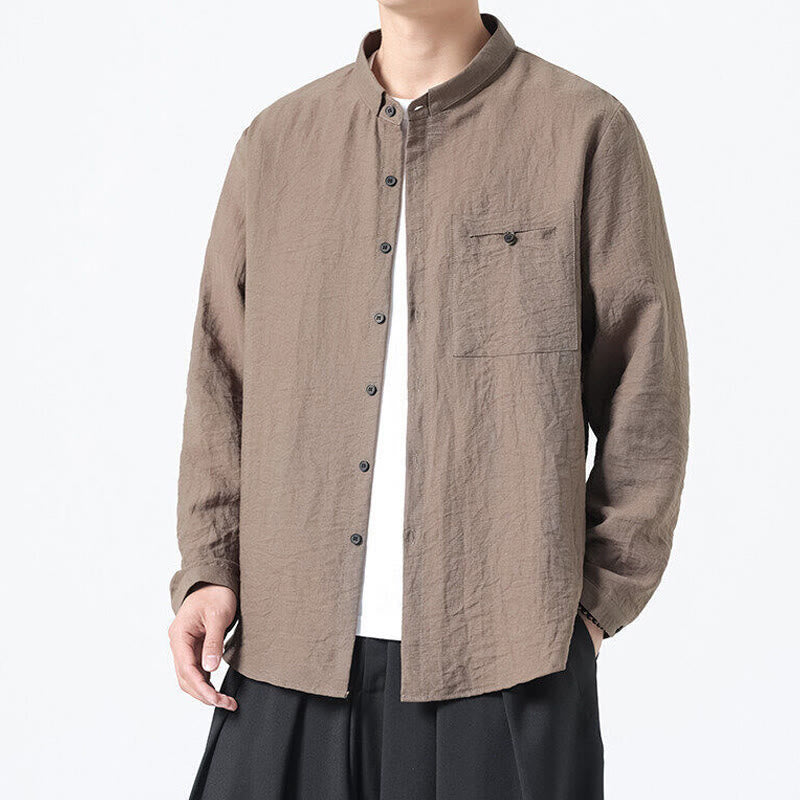 Vintage Plain Buttons Down Stand Collar Long Sleeve Men's Cotton Shirt
