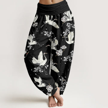 Breathable Cotton Crane Print Meditative Harem Pants