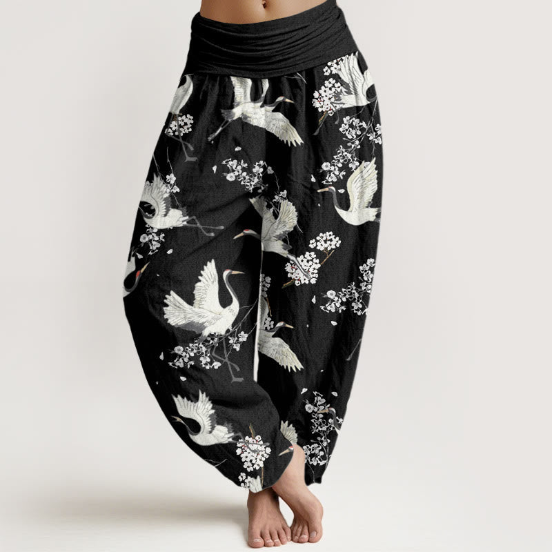 Breathable Cotton Crane Print Meditative Harem Pants
