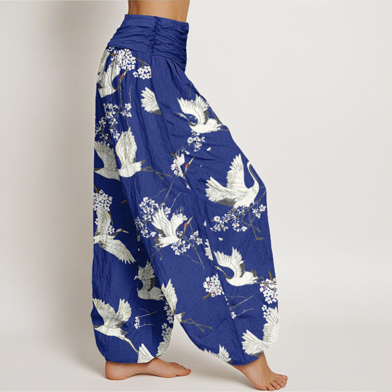 Breathable Cotton Crane Print Meditative Harem Pants