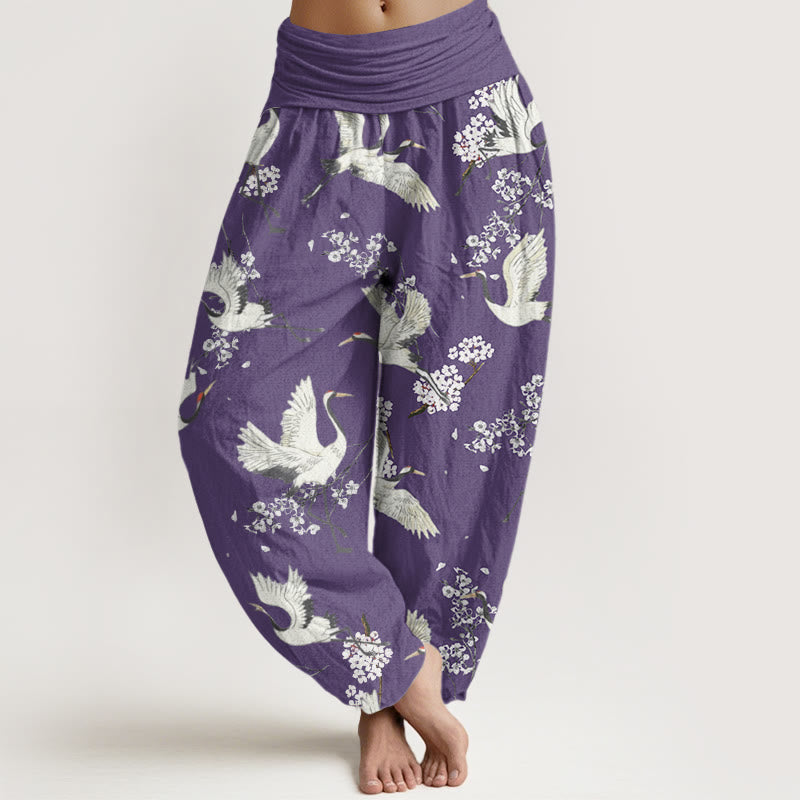 Breathable Cotton Crane Print Meditative Harem Pants