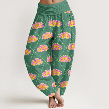 Breathable Cotton Lotus Print Grounding Harem Pants